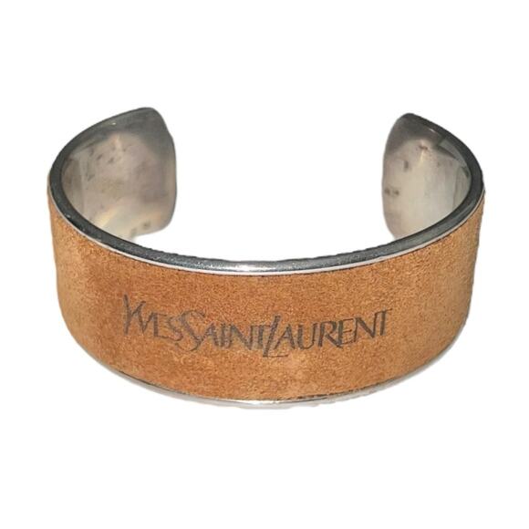 AUTH VTG Yves Saint Laurent YSL Sterling Silver Suede Leather Logo Cuff Bracelet - Picture 15 of 16